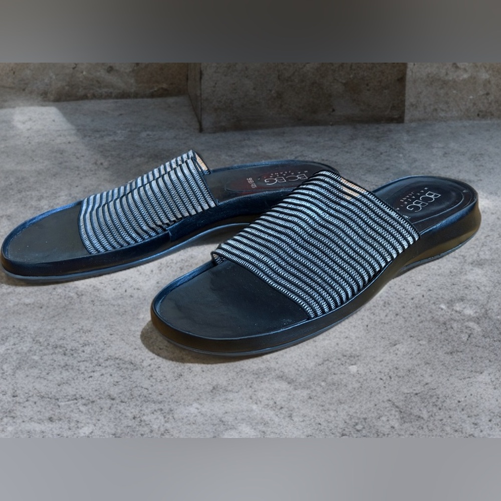 BCBGMaxAzria Black and White Striped Woven Nylon Slide Sandals